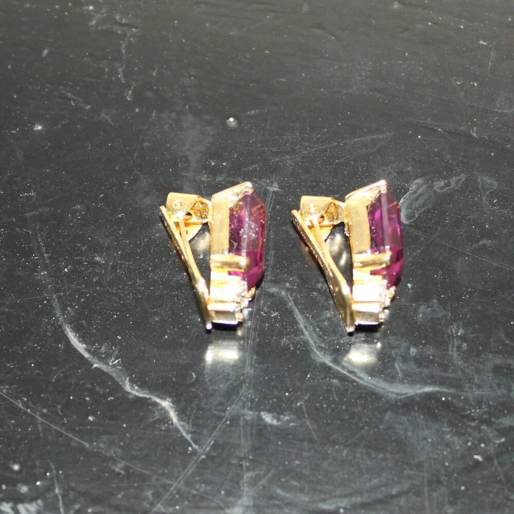 Vintage Christian Dior Simulated Amethyst Clip On Earrings 1980s Signed - Picture 3 of 5